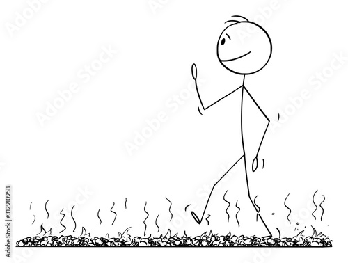 Vector cartoon stick figure drawing conceptual illustration of firewalk, man or businessman walking or firewalking barefoot over bed of hot embers or stones.