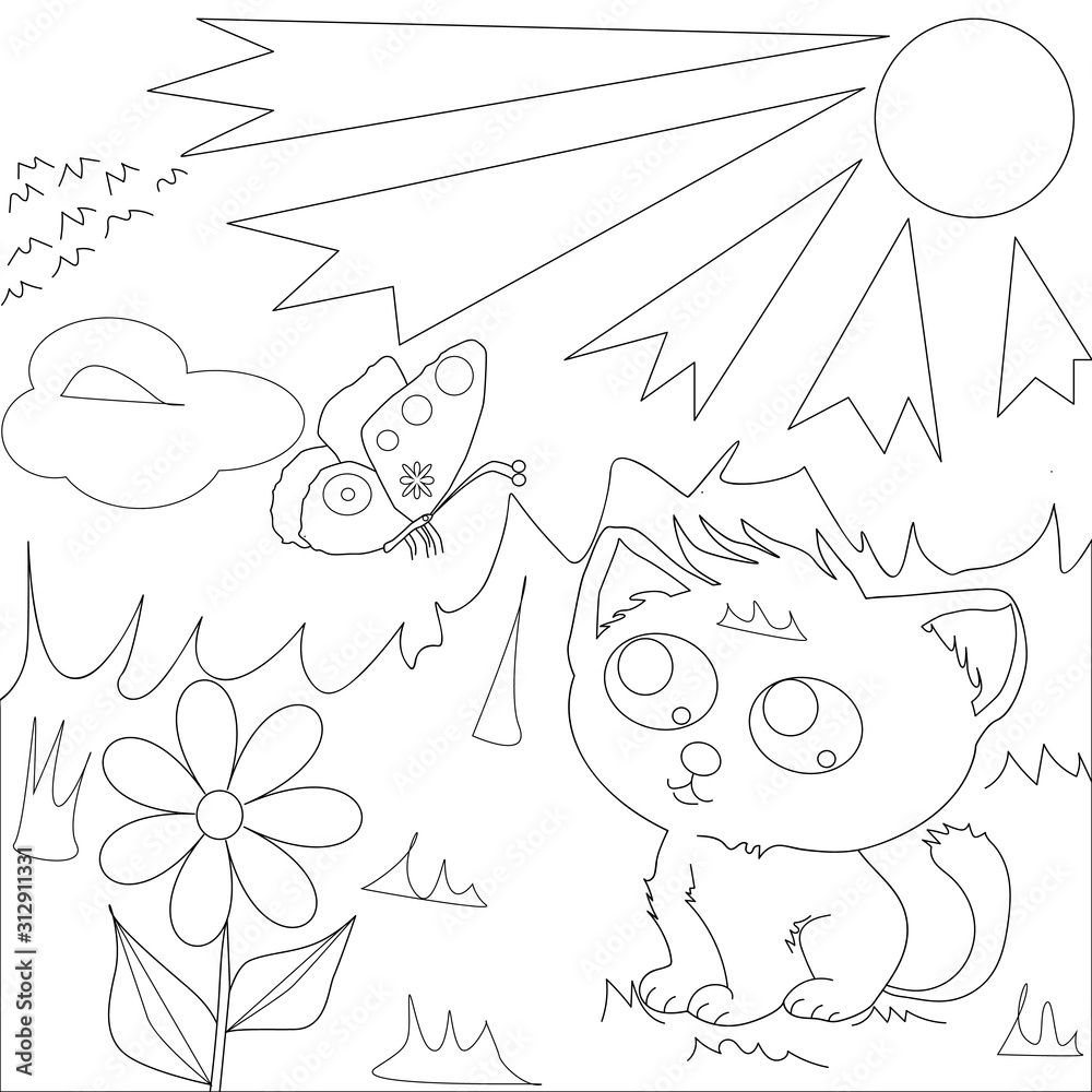 Coloring page outline of cartoon cute cat with butterfly. Vector