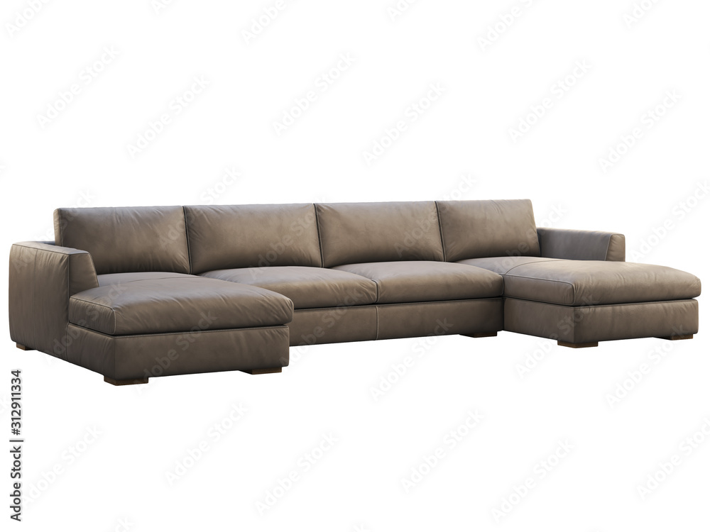 Obraz premium Chalet modular brown leather upholstery sofa with chaise lounge. 3d render.