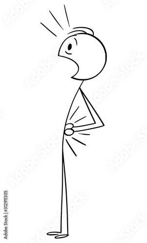 Vector cartoon stick figure drawing conceptual illustration of man suffering pain or backache and holding his injured back.