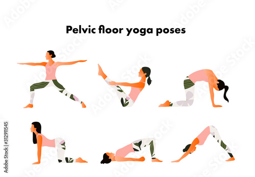 Pelvic floor yoga poses. Woman health. Yoga asanas. Exercises for mom to strengthen the pelvic floor muscles. Vector cartoon illustration. Kegel exercises.