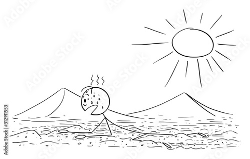 Vector cartoon stick figure drawing conceptual illustration of man, tourist or traveler creeping or crawling on the hot sand desert on Sun.