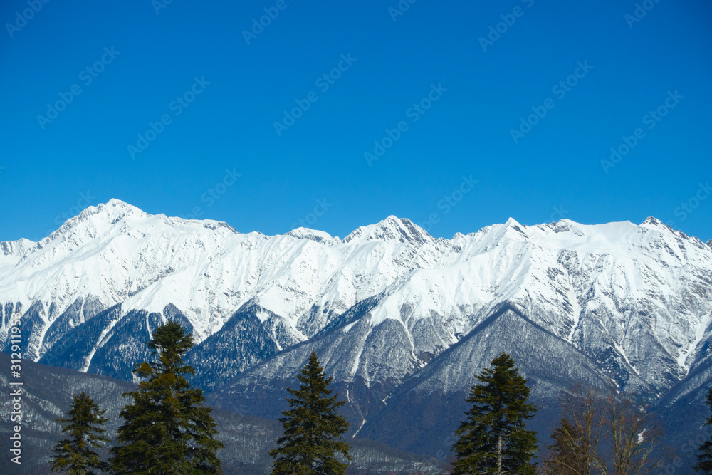 Amazing mountain landscape in Caucasus highlands. Winter in Rosa Khutor.