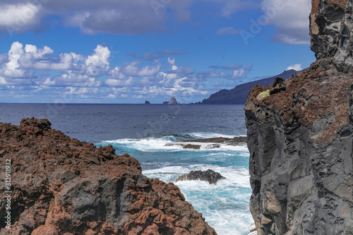 La Frontera volcanic seascape, with Roques de Salmor horizon view, Atlantiv ocean, El Hierro, Canary islands, Spain