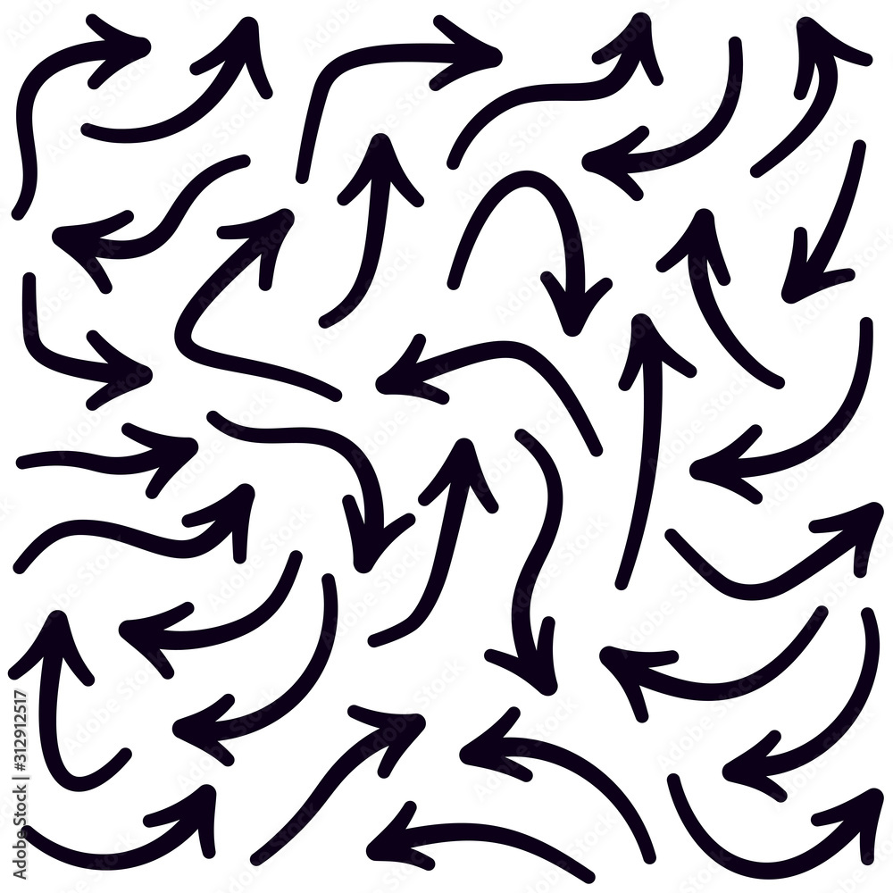 Set of black curved arrows isolated on white background.