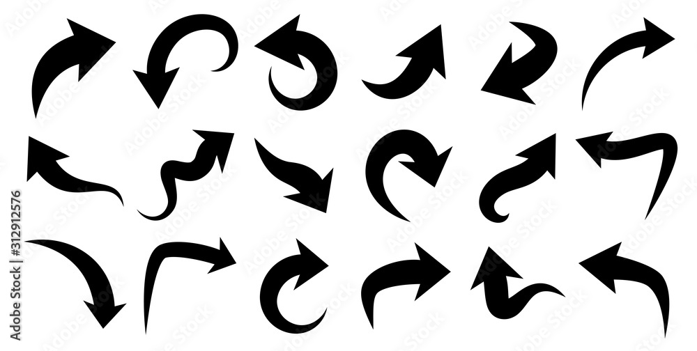Set of black curved arrows isolated on white background. Set of black curved arrows isolated on white background.