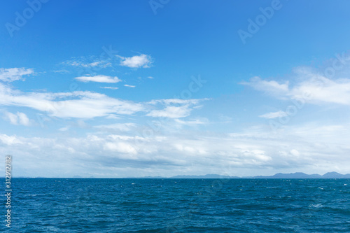 Blue sky over ocean water panoramic view. Summer sailing holiday background.