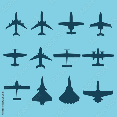 Silhouette of airplanes. Commercial transport for travel. Jet planes. Vector.