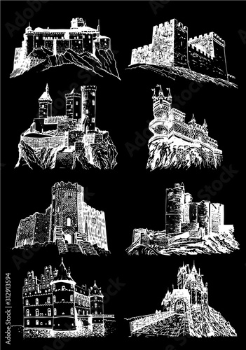 Graphical set of castles isolated on black background, vector engraved illustration