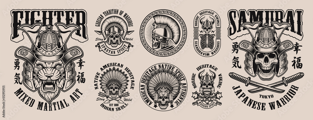 Black and white of vector illustrations with skulls
