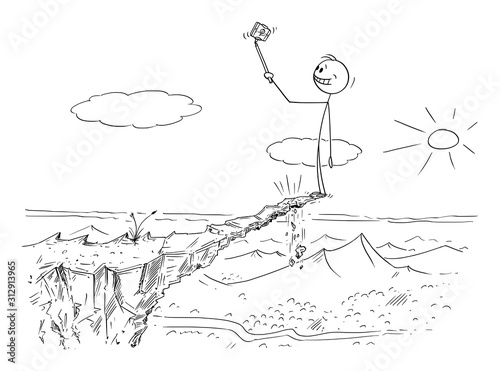 Vector cartoon stick figure drawing conceptual illustration of man taking dangerous photo selfie on unstable high rock risking his life, because he can fall down.