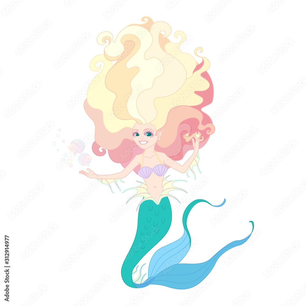 vector flat outline cartoon cute mermaid
