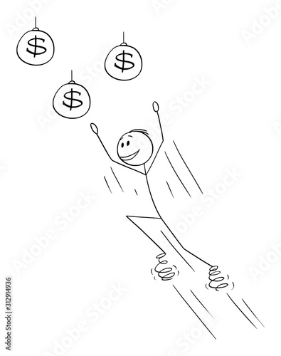 Vector cartoon stick figure drawing conceptual illustration of man or businessman jumping on springs for money or wealth or dollar coins.