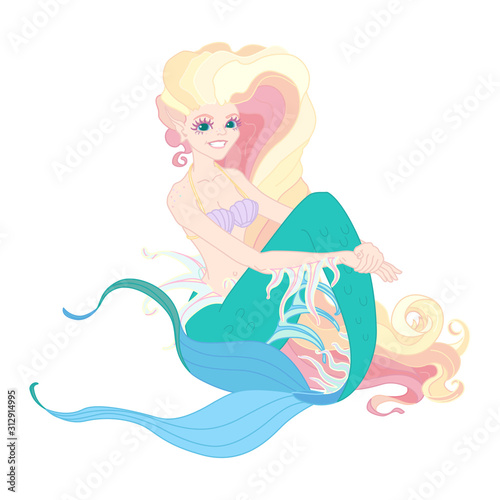 vector flat outline cartoon cute mermaid