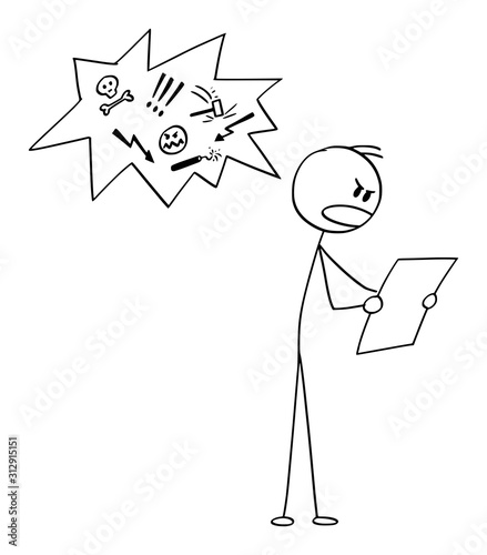 Vector cartoon stick figure drawing conceptual illustration of man reading document or newspapers and speaking profane or bad or foul language.