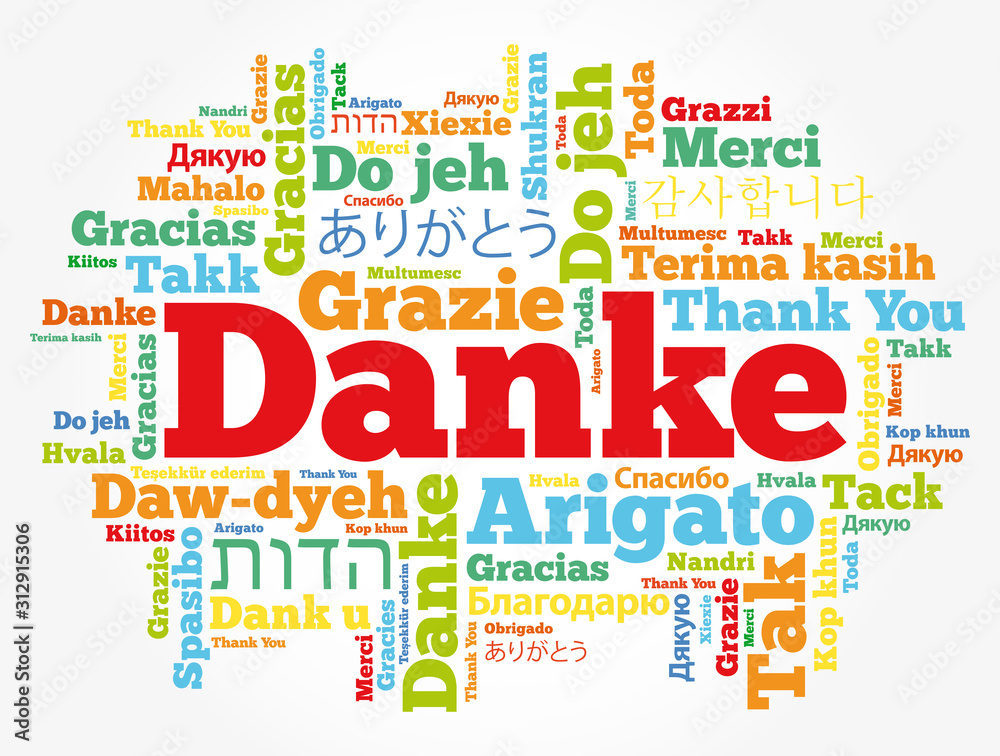 Danke (Thank You in German) word cloud background in different languages