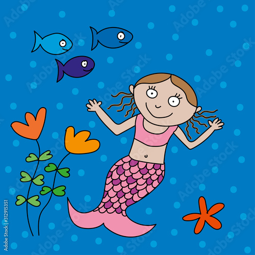 Illustration von Meerjungfrau unter Wasser im Format 1:1