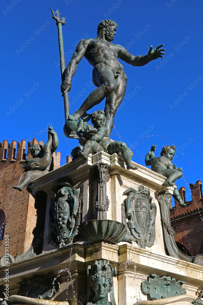 Bologna - Italy, December 2019, touristic city landscape, Nettuno fountain and monument, Piazza Maggiore