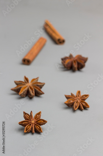 Herbal therapy concept. Spice set:cinnamon sticks, star anise on light background.