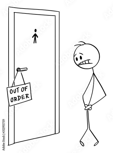 Vector cartoon stick figure drawing conceptual illustration of man who needs to urinate, but the toilet is out of order.