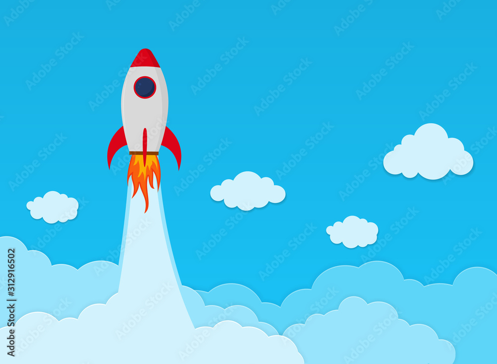 Rocket launch on space in flat style. Space ship startup in sky. Business concept banner. Travel background. Science innovation report. Space shuttle lift off on cloud. vector illustration Rocket launch on space in flat style. Space ship startup in sky. Business concept banner. Travel background. Science innovation report. Space shuttle lift off on cloud. vector illustration