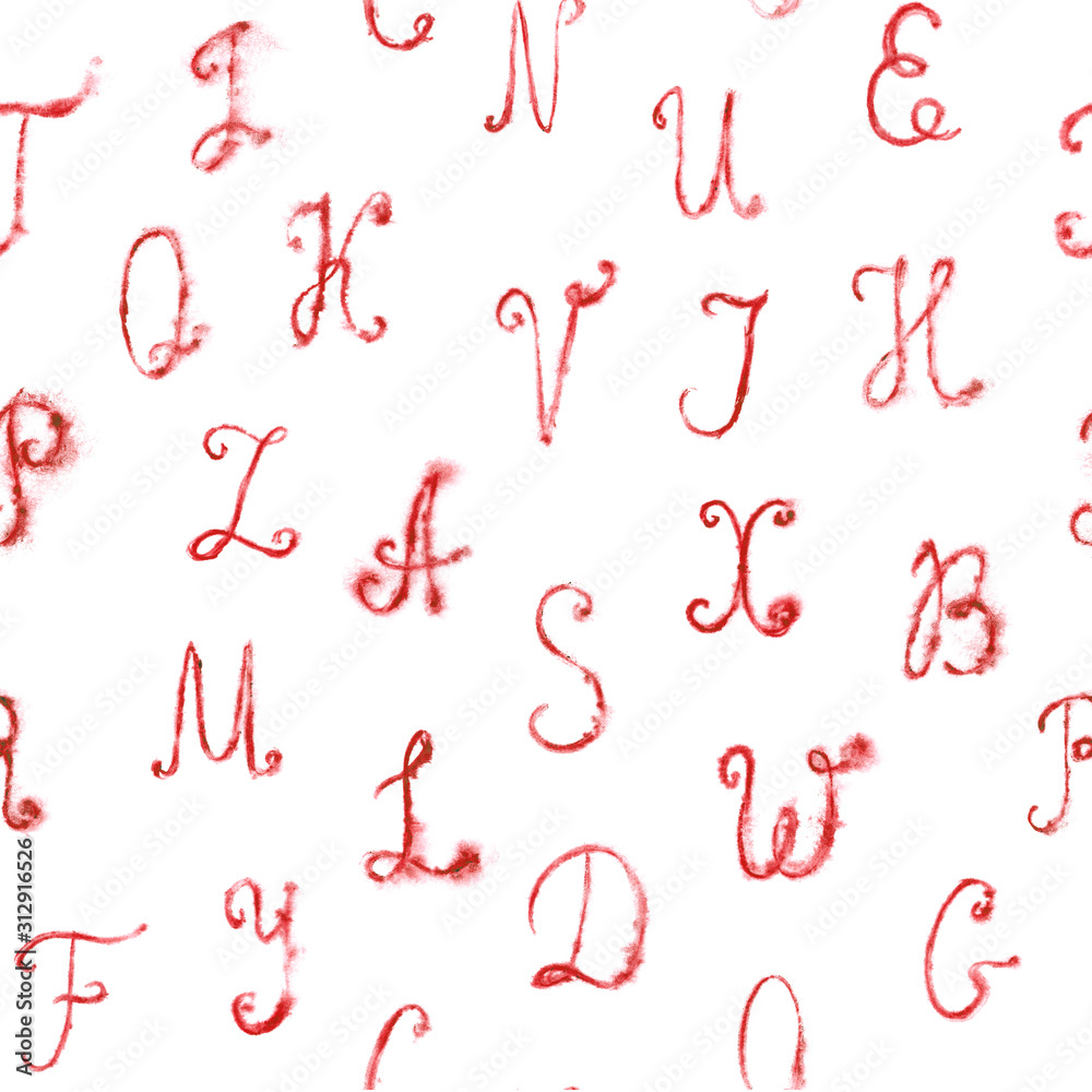 Raster Cursive Seamless pattern of hand-drawn watercolor uppercase letters isolated on ...