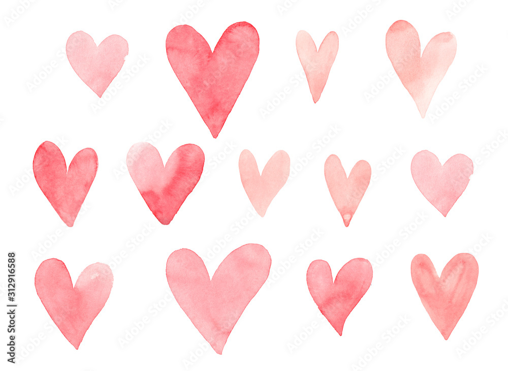 Set of light red and pink hearts of pastel shade. Gentle color of hearts - a symbol of love, decor for postcards, banners, flyers. Raster stock illustration for Valentines Day.