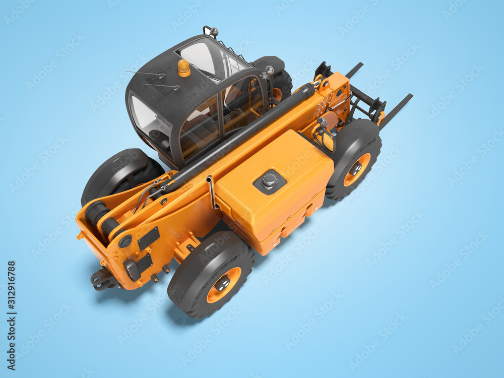 3D rendering orange telescopic handler perspective on blue background with shadow