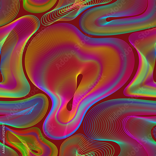 Chaotic iridescent seamless pattern. Swatch of multicolor shapes of lines for modern textile design.