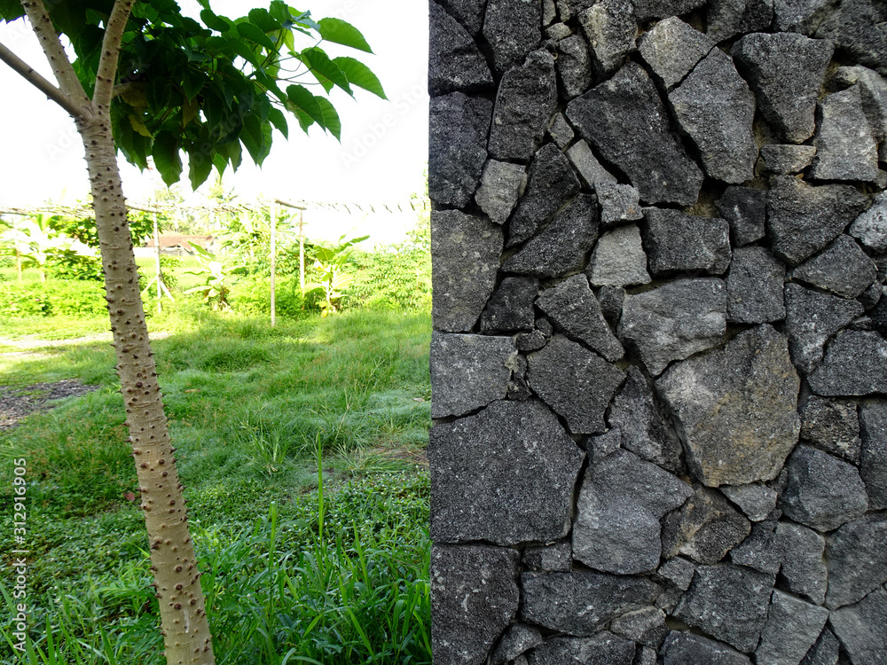 Fototapeta premium Big chunk of gray natural stones as wall finishing material and tree in the garden
