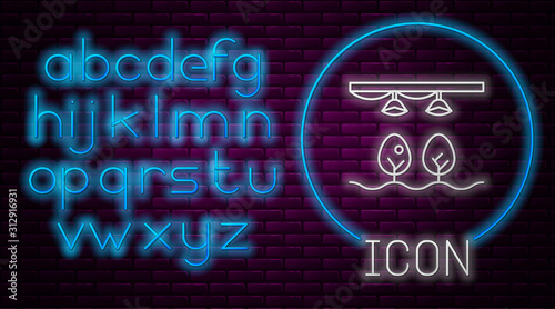 Glowing neon line Smart farm with light bulb and plant symbol icon isolated on brick wall background. Neon light alphabet. Vector Illustration