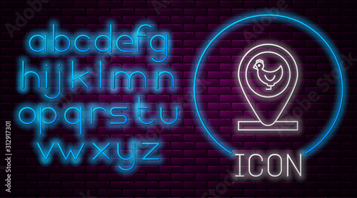 Glowing neon line Chicken farm and location icon isolated on brick wall background. Neon light alphabet. Vector Illustration