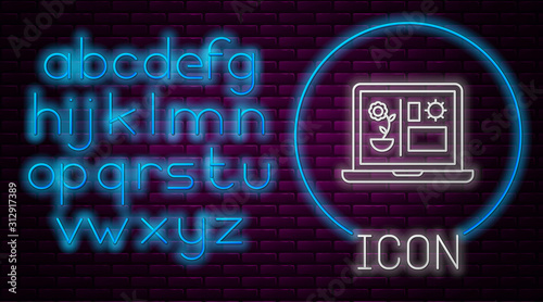 Glowing neon line Smart farming technology - farm automation system icon isolated on brick wall background. Neon light alphabet. Vector Illustration