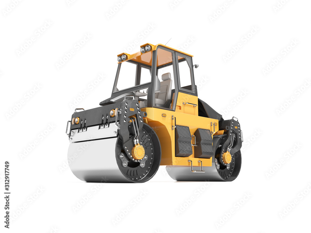 Naklejka premium Orange asphalt paving roller for laying 3D rendering on white background with shadow