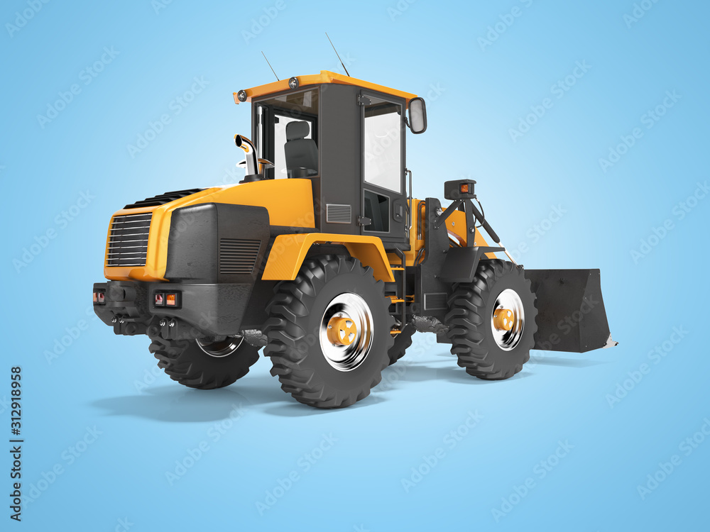 Orange road frontal loader 3D rendering on blue background with shadow