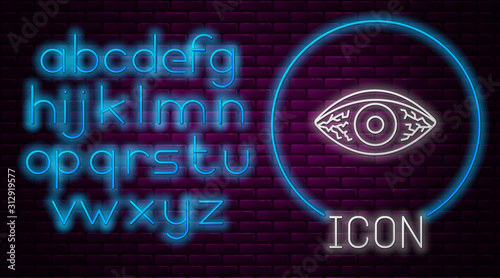 Glowing neon line Reddish eye due to viral, bacterial or allergic conjunctivitis icon isolated on brick wall background. Neon light alphabet. Vector Illustration