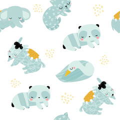 Handdoek met foto Slapende dieren patronen Slapende diertjes pastel kinderkamer patroon  © bilaaa
