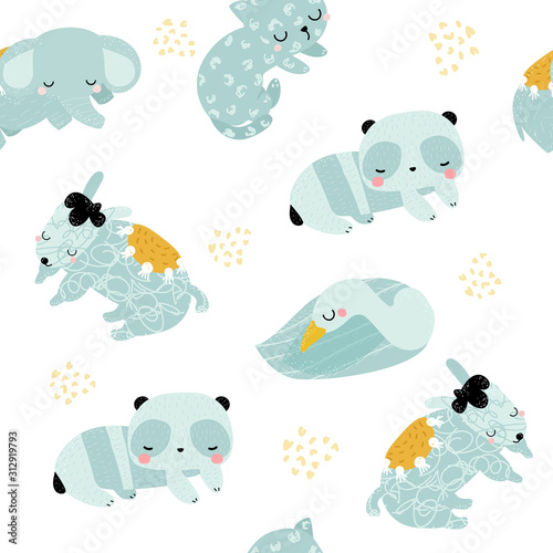 Seamless pattern with sleeping little animals. Kids pastel print. Vector hand drawn illustration.