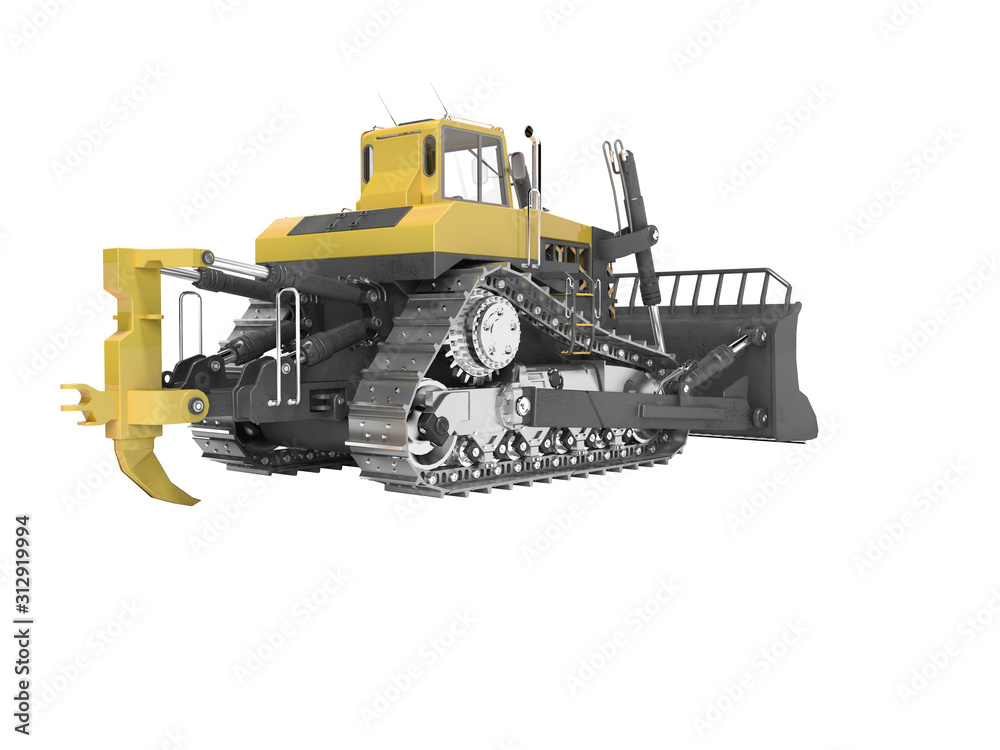 Career technology bulldozer yellow rear view 3D rendering on white background no shadow