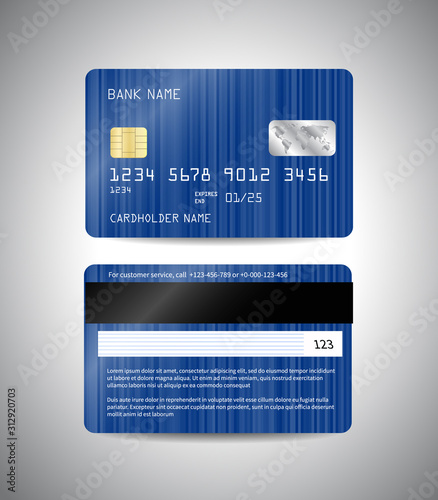 Vector detailed credit cards set with blue striped shiny abstract background