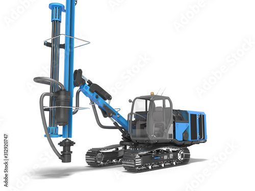 Big construction machinery crawler mounted rotary drilling rig front view blue 3D rendering on white background with shadow