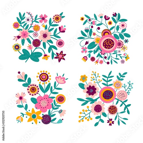 Set of floral bouquet of fantasy folk flowers. Botanical Illustration on white. Summer or spring motif for embroidery, greeting card, wedding decoration.