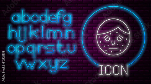 Glowing neon line Face with psoriasis or eczema icon isolated on brick wall background. Concept of human skin response to allergen or chronic body problem. Neon light alphabet. Vector Illustration