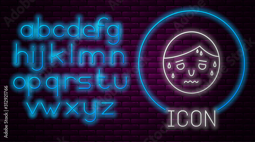Glowing neon line Man with excessive sweating icon isolated on brick wall background. Neon light alphabet. Vector Illustration