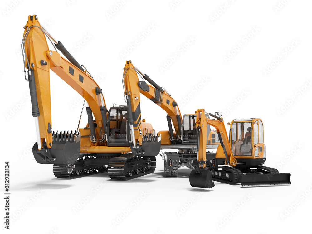 Group of orange excavator 3D rendering on white background with shadow Group of orange excavator 3D rendering on white background with shadow