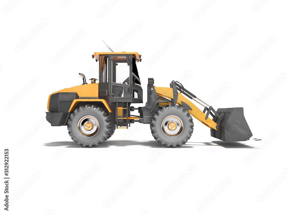 Orange road car wheel bulldozer 3D rendering on white background with shadow Orange road car wheel bulldozer 3D rendering on white background with shadow