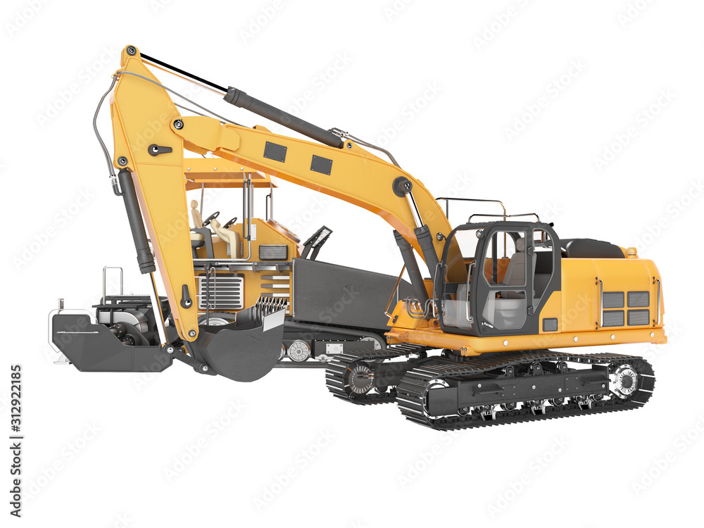 Group of orange road construction machinery crawler bulldozer and tracked paver 3D rendering on white background no shadow Group of orange road construction machinery crawler bulldozer and tracked paver 3D rendering on white background no shadow