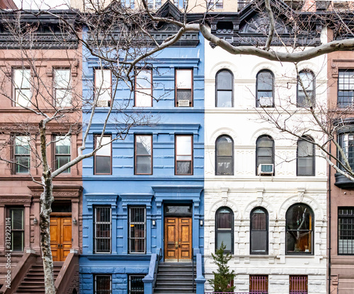 Block of colorful old buildings in the Upper West Side neighborhood of Manhattan in New York City NYC