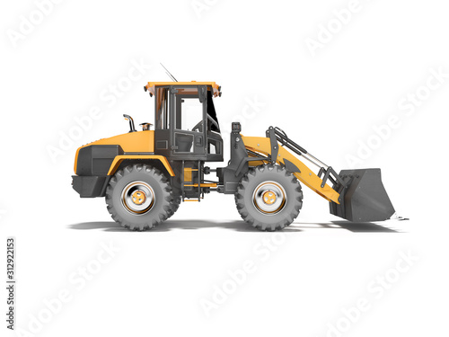 Orange road car wheel bulldozer 3D rendering on white background with shadow