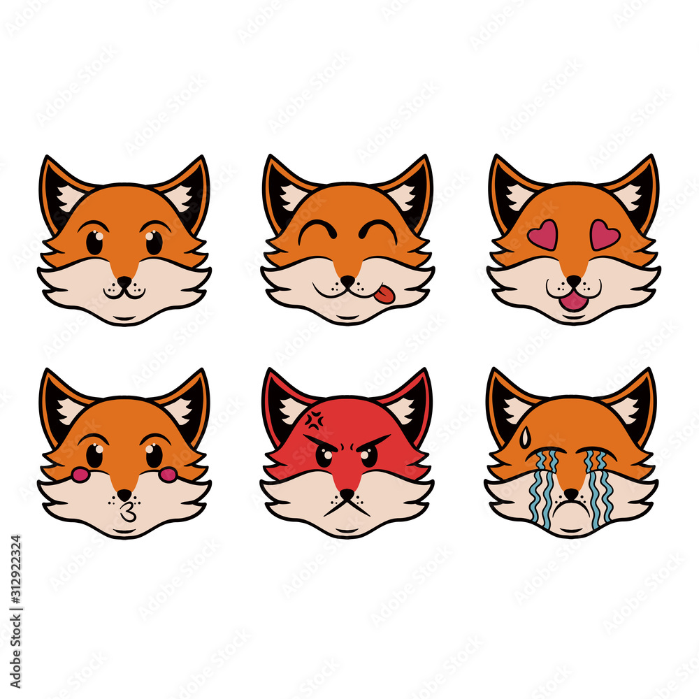 Head of the Emoji Fox in pop art style. Vector set of fox character. Cartoon style. Funny character design